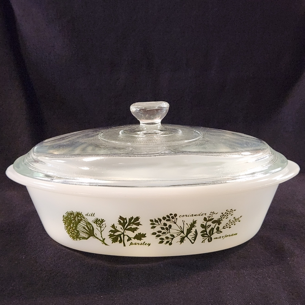 Glasbake Green Herbs J235 1 QT Oval Casserole Dish with Glass Lid Vintage McKee